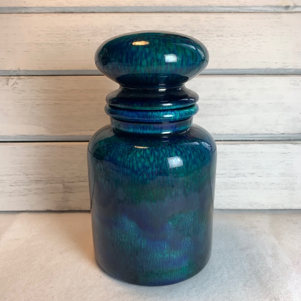 Hand-Turned Studio Ceramic Vase by R. Johnson – Blue Green Reactive Glaze Art Po